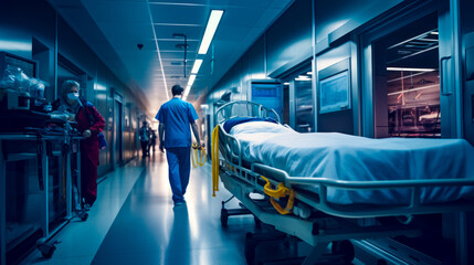 Man in scrubs walking down hospital hallway with bed in the foreground.
