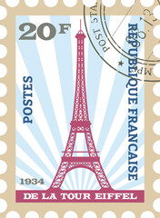 Flat colorful detailed postcard stamp with EIFFEL TOWER famous landmark and symbol of the French city of PARIS, FRANCE