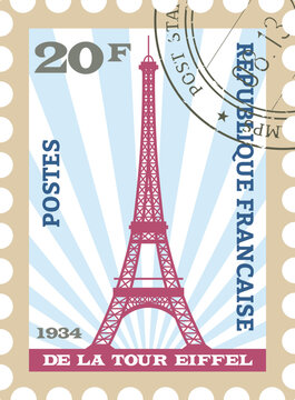 Flat colorful detailed postcard stamp with EIFFEL TOWER famous landmark and symbol of the French city of PARIS, FRANCE