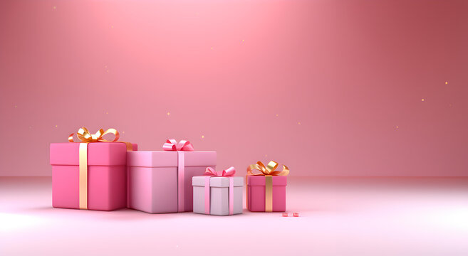 3d illustration of pastel pink gift boxes on pink background 
