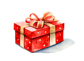 Watercolor illustration of a gift box with a ribbon isolated on white background