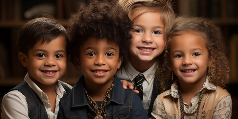 Multikulti Kinder im spotlichen Outfit lachen in die Kamera als Porträt im Querformat als Banner, ai generativ - obrazy, fototapety, plakaty