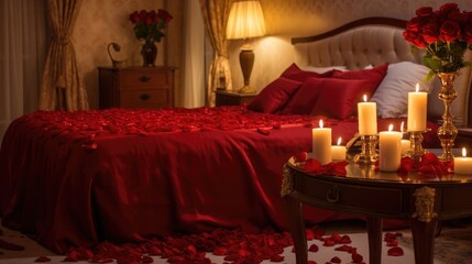 a bedroom beautifully decorated for a wedding night with a romantic ambiance