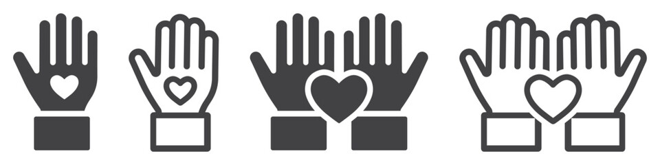 Set of volunteer hands icons. Helping hand symbol, volunteers and charity work. Volunteer help, donation, charity. Social hands with help, heart love. Friendship hand icon, arms raised group. Vector.