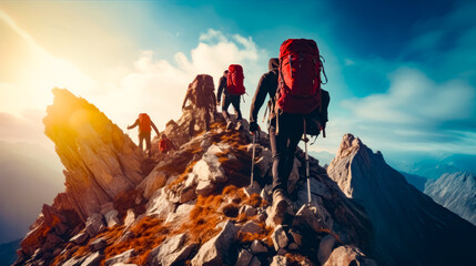 Group of people climbing up mountain with backpacks on their backs. - obrazy, fototapety, plakaty