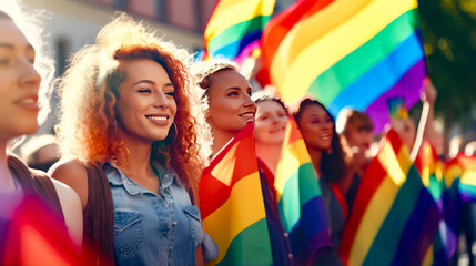 Group of women standing next to each other holding rainbow colored umbrellas.
