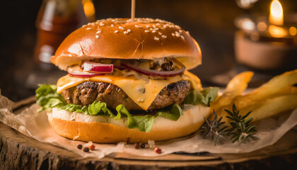 Delicious burger, juicy burger macro photograph