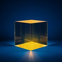 Bright yellow transparent glass cube on a dark blue background, minimalism, texture, modernity. Bright stylish ideal podium