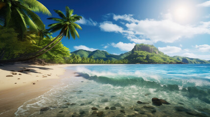 Fototapeta premium Coconut palms on a sunny tropical sandy beach and turquoise ocean. Amazing nature landscape. Stunning beach scenery, peaceful and inspiring travel destination.