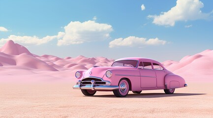 Classic american pink car in desert background
