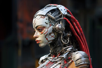 Portrait of female robot with artificial intelligence. Woman with technology elements