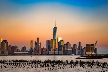 Sunset over the Manhattan Skyline featuring the Freedom Tower, seen from Hoboken, New Jersey