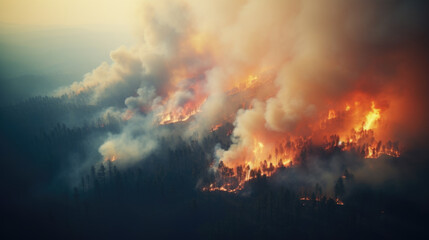 Fototapeta na wymiar Aerial view of a large, devastating forest fire