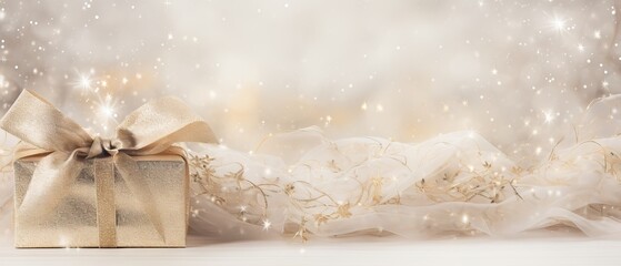 Glittering gold present with twinkling lights and luxurious fabric