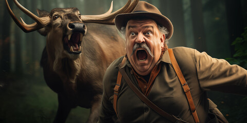 Deer hunting down old male hunter with mustache and hat screaming in panic. humor funny vegertarian vegan and abstract hunting concept. - obrazy, fototapety, plakaty