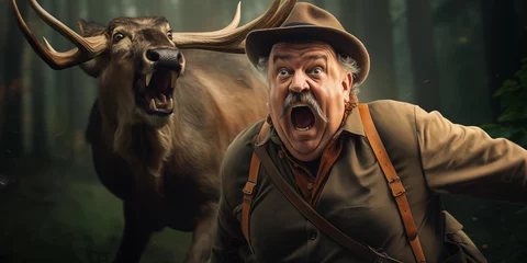 Foto op Canvas Deer hunting down old male hunter with mustache and hat screaming in panic. humor funny vegertarian vegan and abstract hunting concept. © stockphoto-graf
