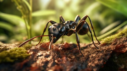 Close-up of a black garden ant in nature, generative ai