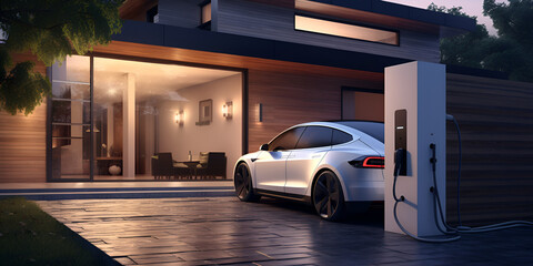 Car Luxury Parked,  wall box charger station and electric car charging at home garage, A tesla...