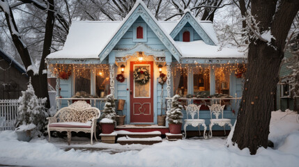 Beautiful wooden house in the winter park. Christmas and New Year background.