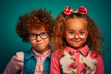 Obraz premium Funny and elegant couple friends 5 year old in glasses poses in the studio. looking at camera on bright background