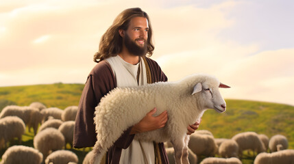 Jesus Christ, the good shepherd and sheep at green hill. AI generative - obrazy, fototapety, plakaty