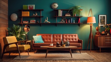 Inspiring office interior design Mid-century style Lounge featuring Retro furniture architecture. Generative AI AIG 31.