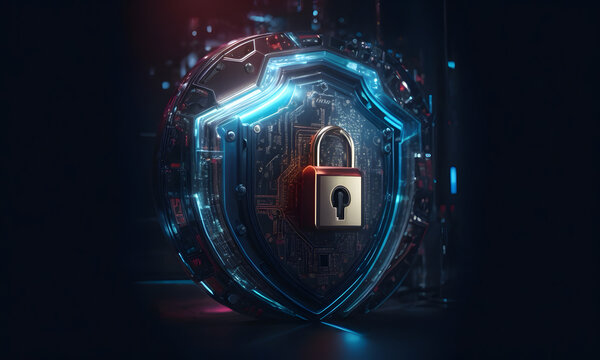 Lock and shield. Concept of data security, cybersecurity, cyber defense.
