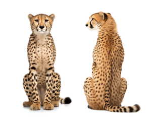 set of two cheetah sitting down, front and back view