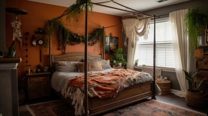 Bedroom decor, home interior design . Bohemian Eclectic style with Bed decorated with Wood and Metal material . Generative AI AIG26.