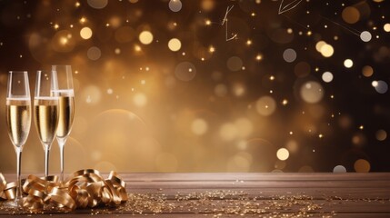 Banner with two glasses of champagne on a background with serpentine