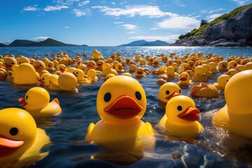  a lot of yellow rubber ducks in the , pollution of the oceans - obrazy, fototapety, plakaty