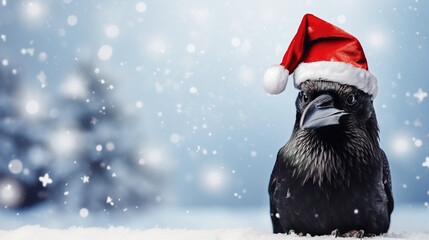 Fototapeta premium Funny crow in christmas santa hat on festive background