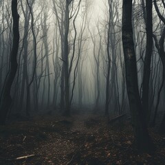 haunting landscape shot of many tree trunks forest spooky haunting creepy mist , generated by AI