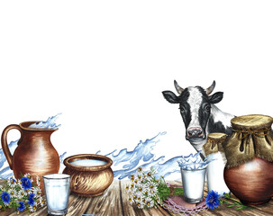 Cow and dairy products in ceramic and glass dishes. The frame is a banner with splashes of milk. An illustration drawn in watercolor by hand. For dairy products, advertising, flyer, packaging.