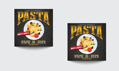 Fast food restaurant business marketing social media post or banner template design with abstract background. Fresh pizza, burger and pasta online sale promotion flyer or poster.
