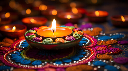 Obraz na płótnie Canvas Diwali candle on the table in portrait.