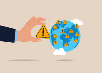 Businessman put new incident with exclamation attention sign on world map across globe. Flat vector illustration