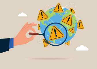 Hand holds a magnifying glass for holding search incident with exclamation attention sign in world. Solving problem, identify risk. Vector illustration. - obrazy, fototapety, plakaty