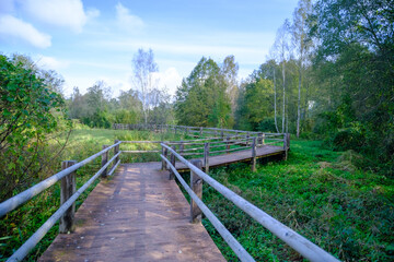 Fototapeta na wymiar A wooden bridge, a path with railings as a place for tourists to walk to a difficult-to-access environmental object in Latvia