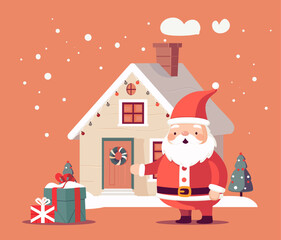 Illustration of Santa's Workshop Building and gift boxes against plaint background, Can be used For Merry Christmas Card Illustration, Banner, And Other Christmas Related Celebration