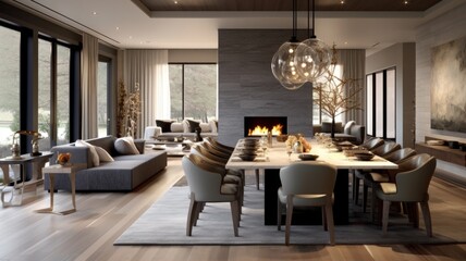 Interior design inspiration of Transitional Contemporary style home dining room loveliness decorated with Stone and Metal material and Fireplace .Generative AI home interior design .