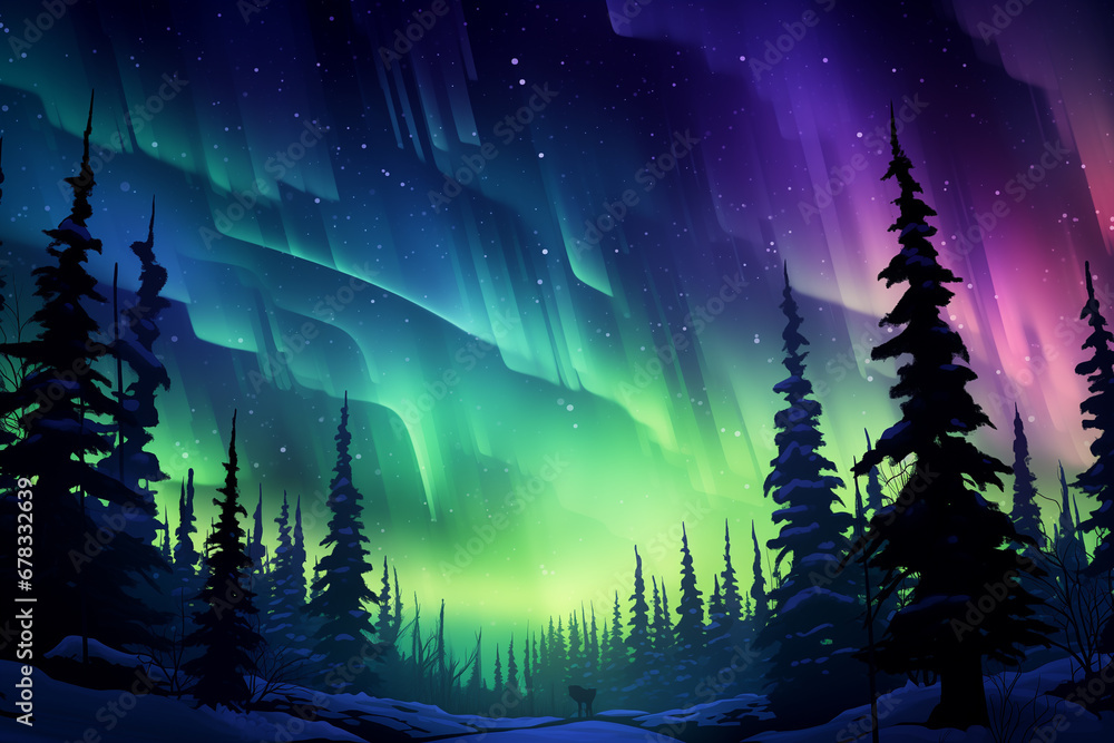 Aufkleber A composition blending the aurora with silhouettes of trees, creating a surreal forest landscape illuminated by celestial light.