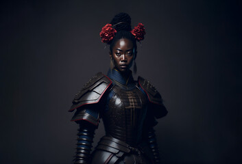Fototapeta na wymiar Beautiful black samurai woman. African american lady with armor warrior attire