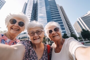 Happiness Knows No Age - Happy Grannies in the City: Group of Grandmas tourists Smiles and Selfies with Skyscrapers on phone.