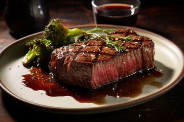A succulent steak, perfectly seared to golden-brown perfection, with savory juices glistening on its surface. ..