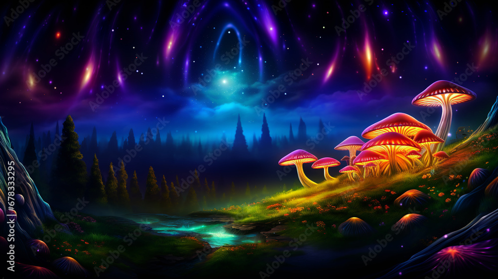 Wall mural Magical fairy tale landscape with many shining mushrooms and glow of fireflies. Storybook illustration concept. AI generated. - Wall murals