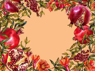 Pomegranate. A frame of pomegranate fruits on a branch, a burst, cut pomegranate and flowers. Watercolor illustration drawn by hand. For posters, juice labels, packaging. For invitation cards, flyers.