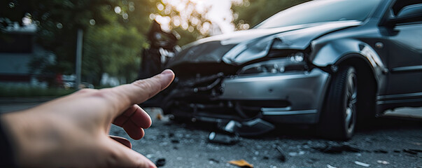 Car accident with major damage. Man hands show on damage car after accident.