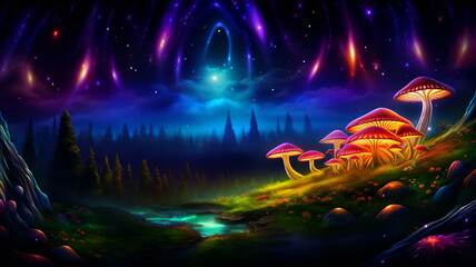 Fototapeta premium Magical fairy tale landscape with many shining mushrooms and glow of fireflies. Storybook illustration concept. AI generated.