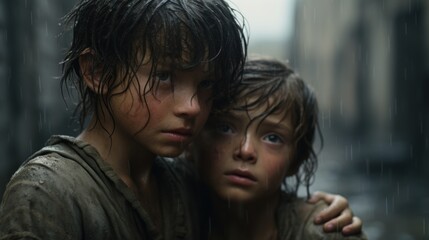 A couple of kids standing next to each other in the rain